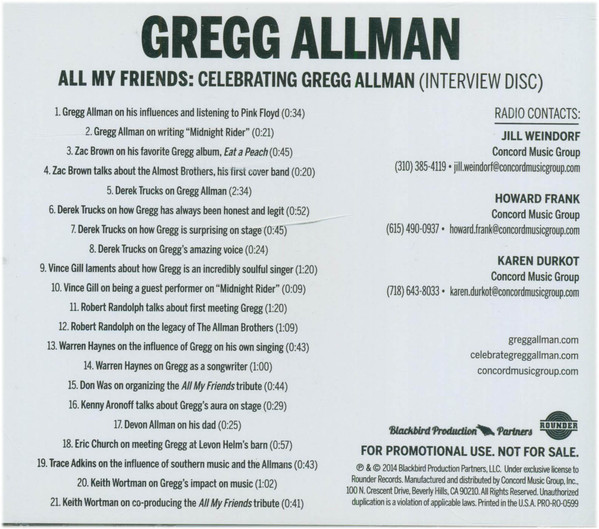 GREGG ALLMAN - All My Friends: Celebrating Gregg Allman (Interview Disc) cover 