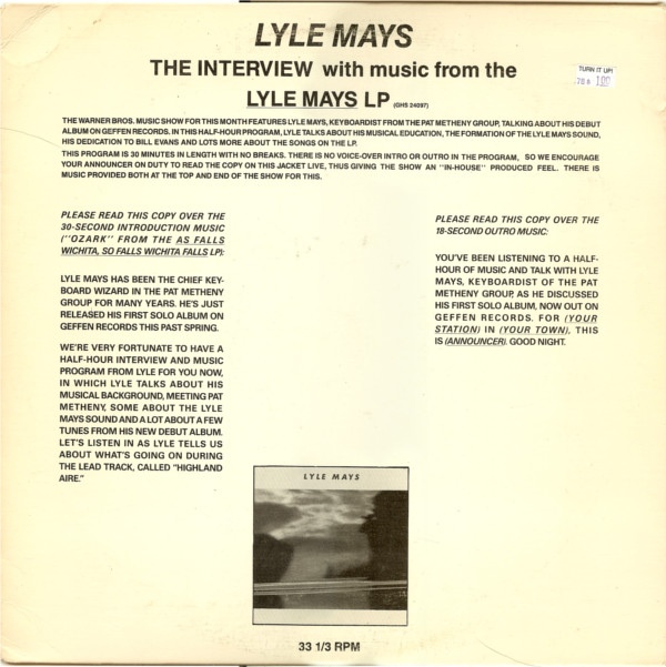 LYLE MAYS - Lyle Mays / Pat Metheny ‎: Interviews With Lyle Mays And Pat Metheny cover 