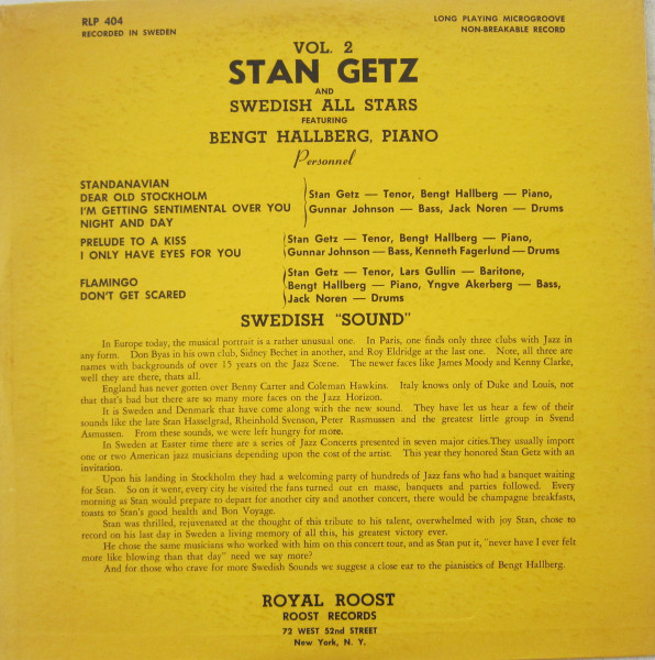 STAN GETZ - Stan Getz And Swedish All Stars Featuring Bengt Hallberg ‎: Vol. 2 cover 