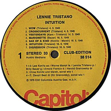 LENNIE TRISTANO - V.I.P.-Jazz 17 Lennie Tristano (Intuition - Club Edition) cover 