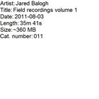 JARED C. BALOGH Field Recordings Volume 1 album cover